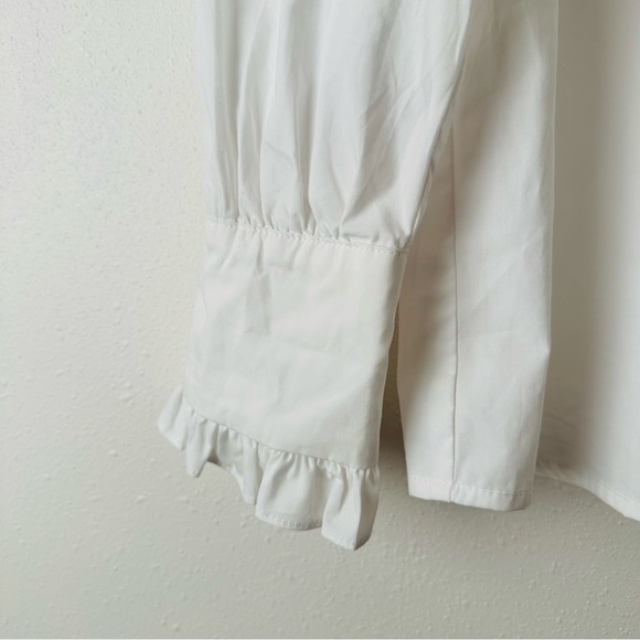 New Mazik Elegant Blouse Button down Shirt Trim Lantern Sleeve Poplin - Picture 10 of 11